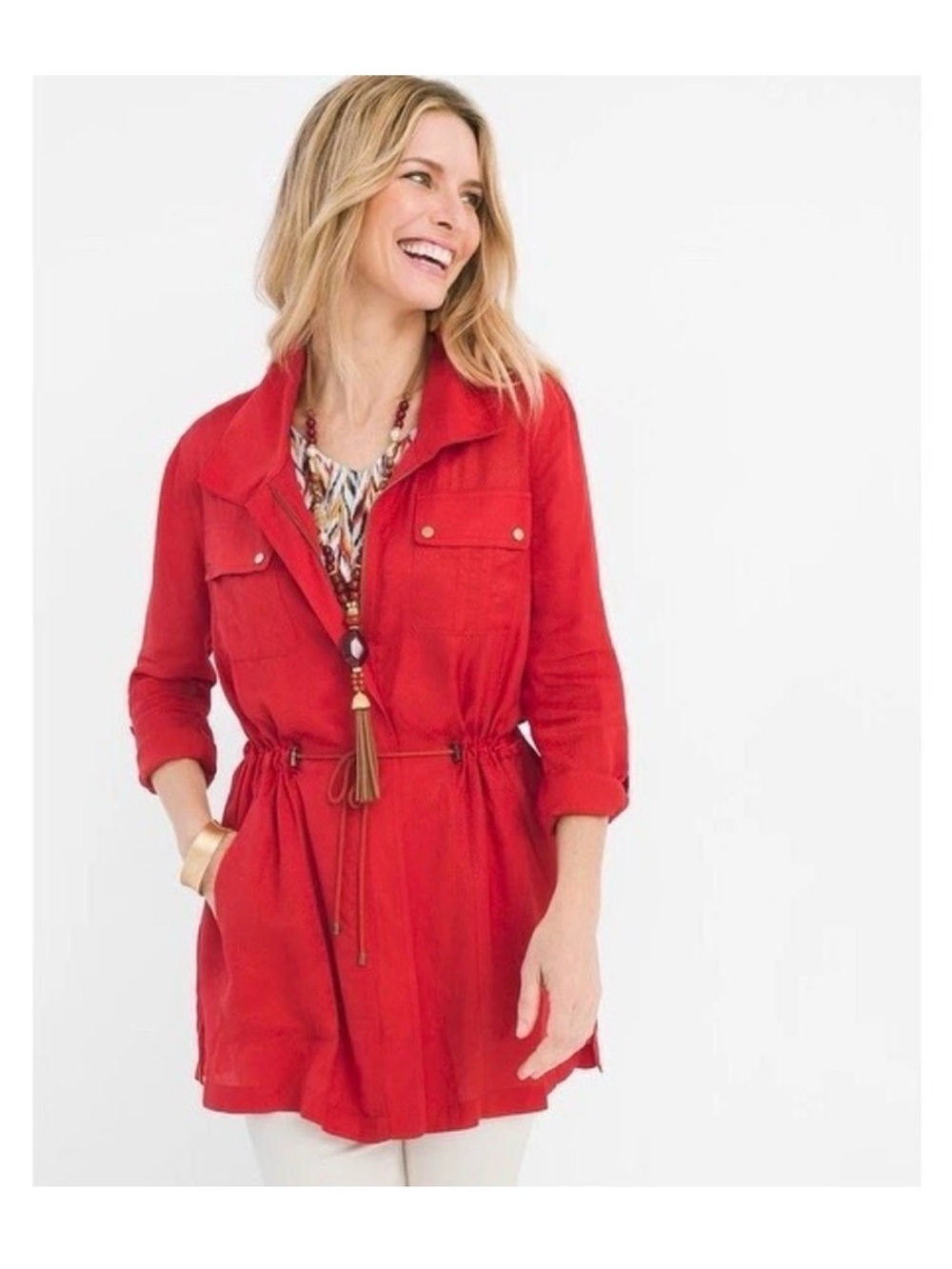 Chico’s Snake Utility Jacket Rust Rolled Tab Size 2 (US 12/14) Spring Summer